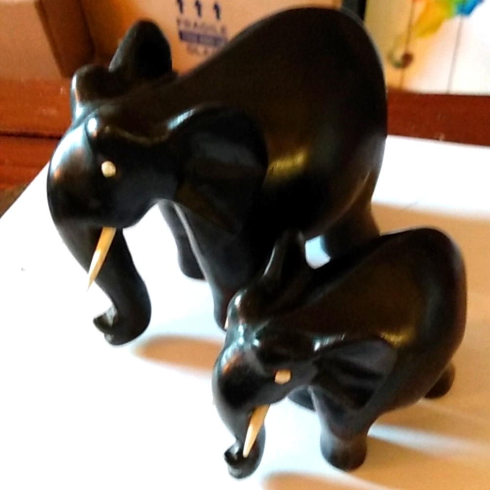 Vintage Antique Pair Of  Wood Carved Elephants With Ivory Colored Eyes And Tusks